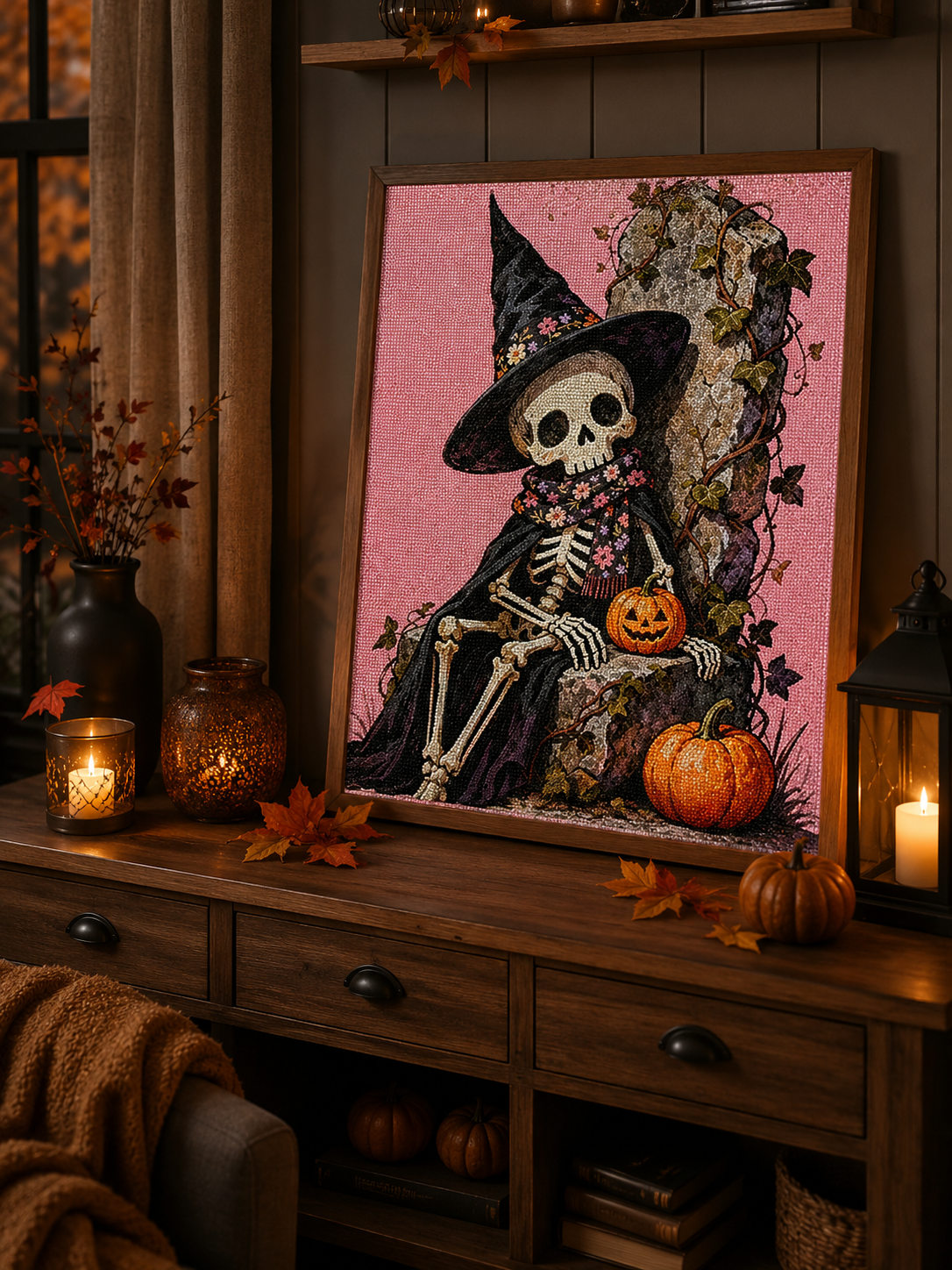 Floral Witch Skeleton Halloween Diamond Painting Kit 💀-11.8" x 11.8"