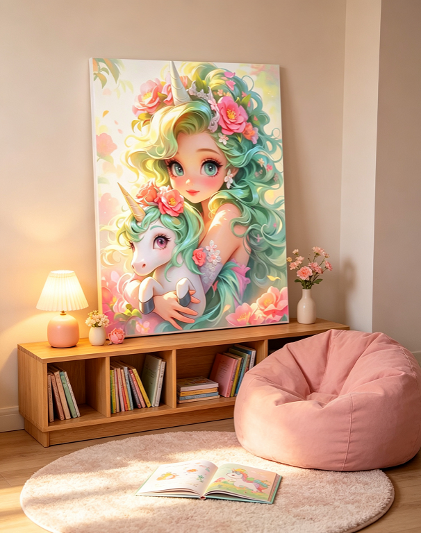 Cute Green Hair Unicorn Girl Floral 5D Diamond Painting Kit 🦄