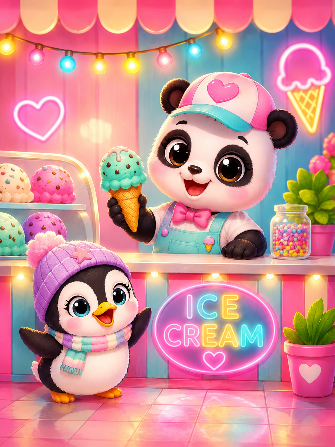 ๐ผ๐ฆ Kawaii Panda & Penguin Ice Cream Diamond Painting Kit