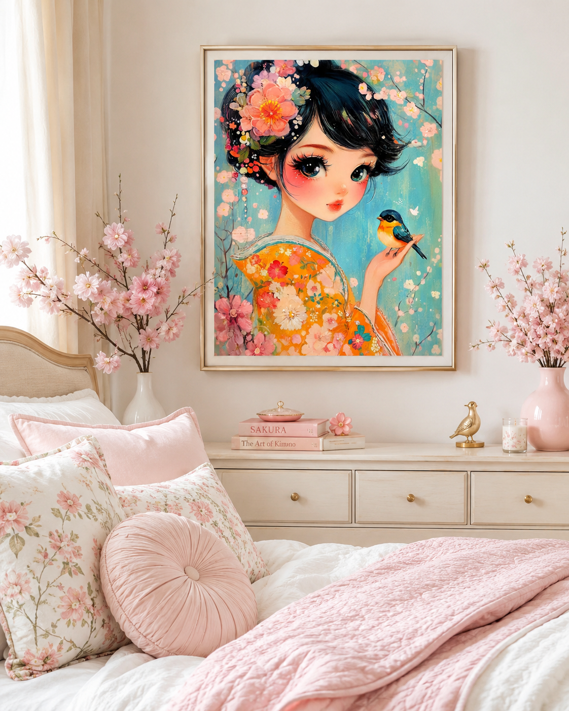 Japanese Blossom Girl & Songbird Wall Art 🌸