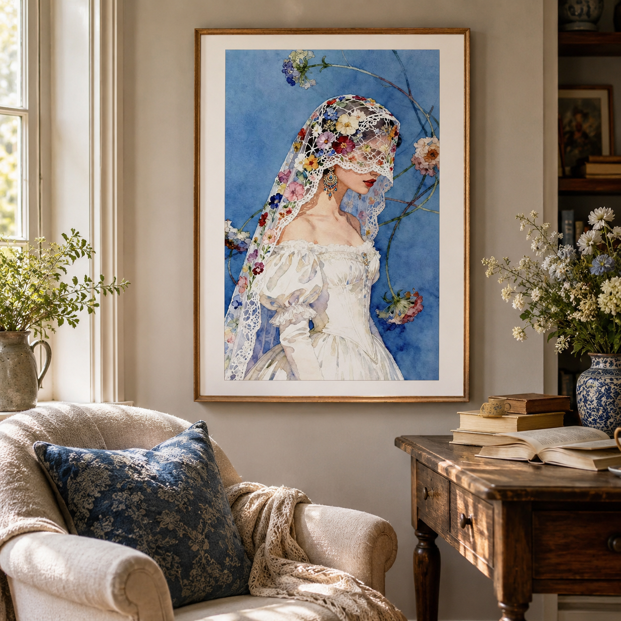 Floral Veil Bride Watercolor Wall Art RW15-11.8"x 15.7&
