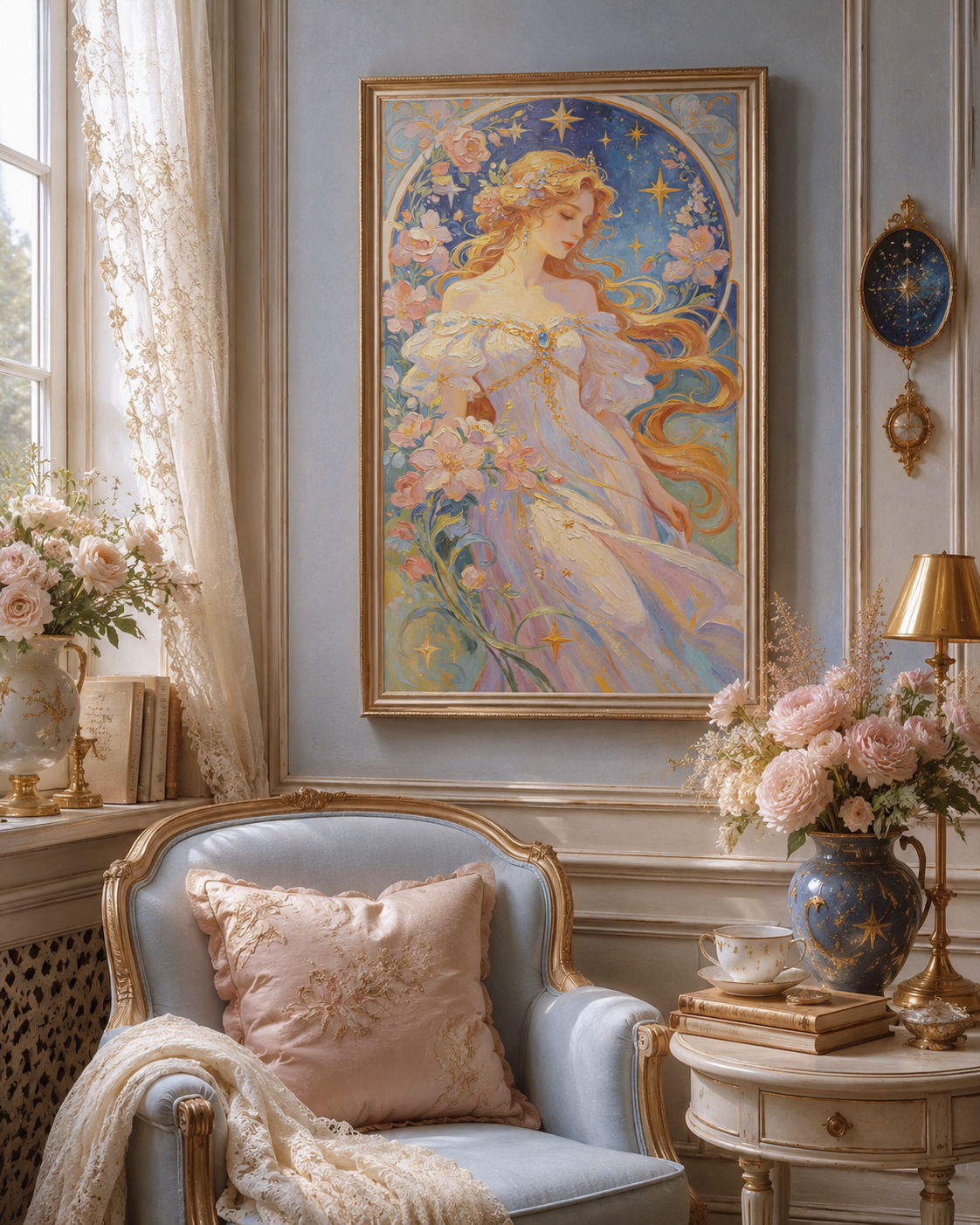 Celestial Floral Princess Art Nouveau Wall Art ๐