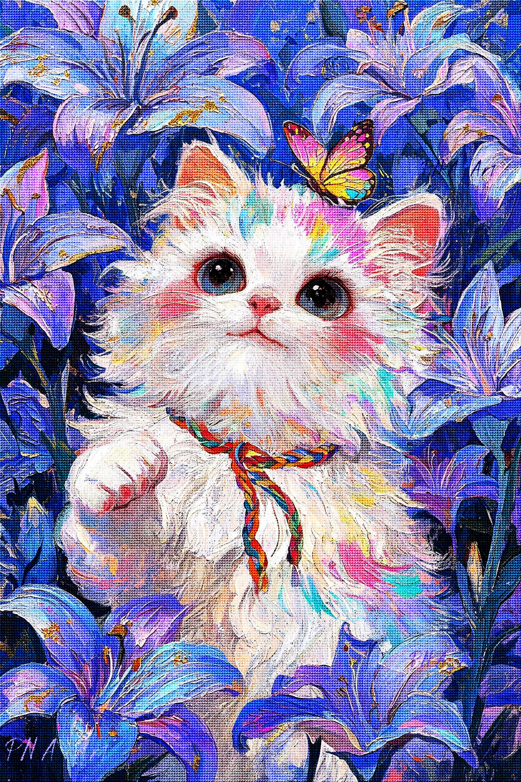 White Cat & Blue Lilies Diamond Painting Kit-11.8" x 15.7"