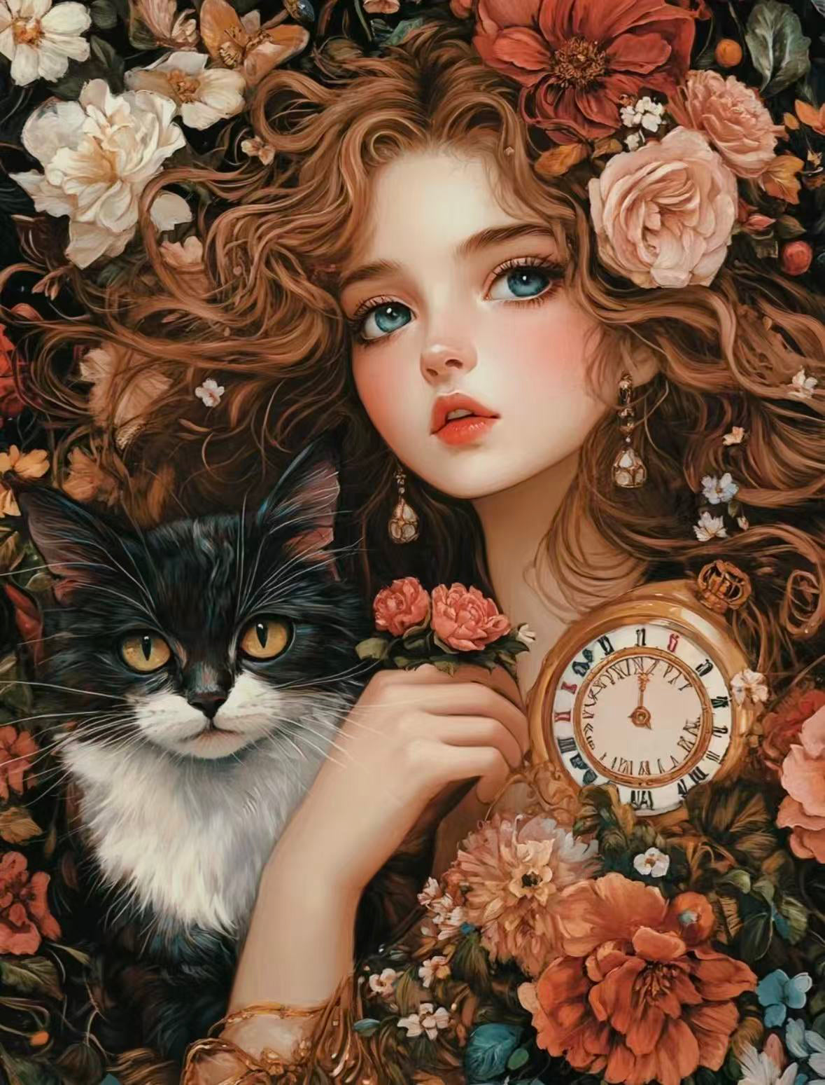 Vintage Black Cat & Floral Maiden