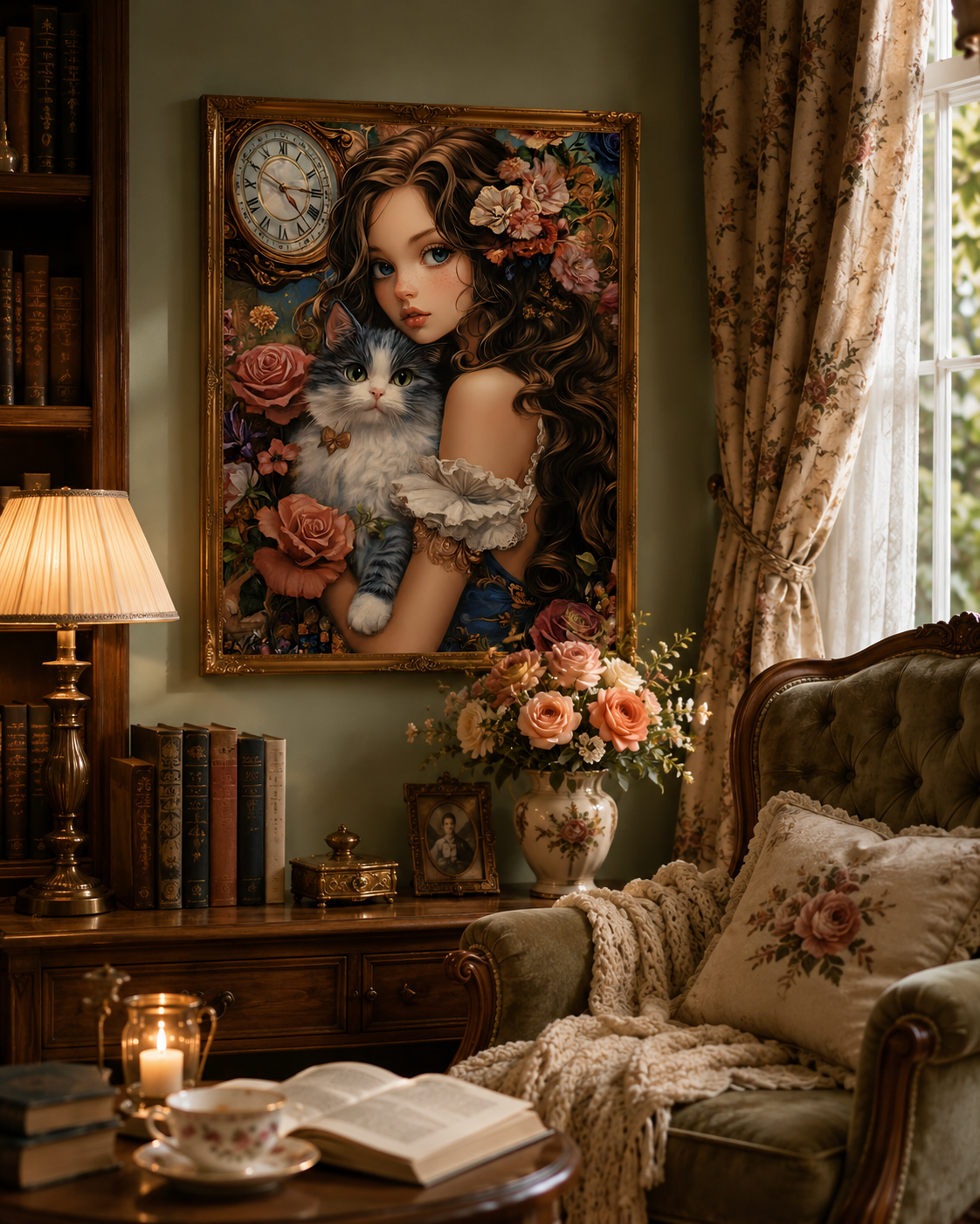 Vintage Clockwork Cat Lady Floral Wall Art 🐱