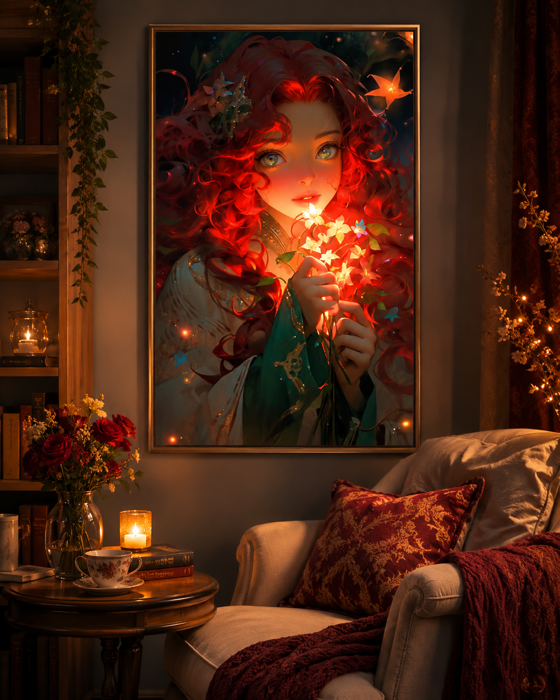 Enchanted Red-Haired Fairy with Glowing Flowers Wall Art 🔥