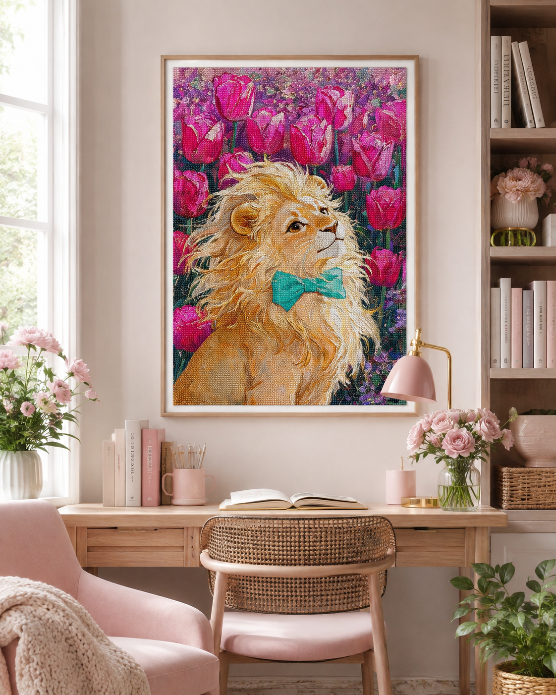 Majestic Lion &amp; Pink Tulips Diamond Painting Kit