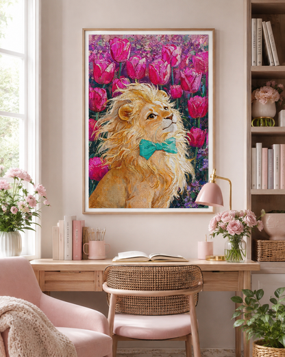 Majestic Lion &amp; Pink Tulips Diamond Painting Kit
