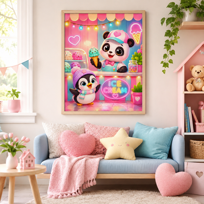 🐼🍦 Kawaii Panda &amp; Penguin Ice Cream Diamond Painting Kit