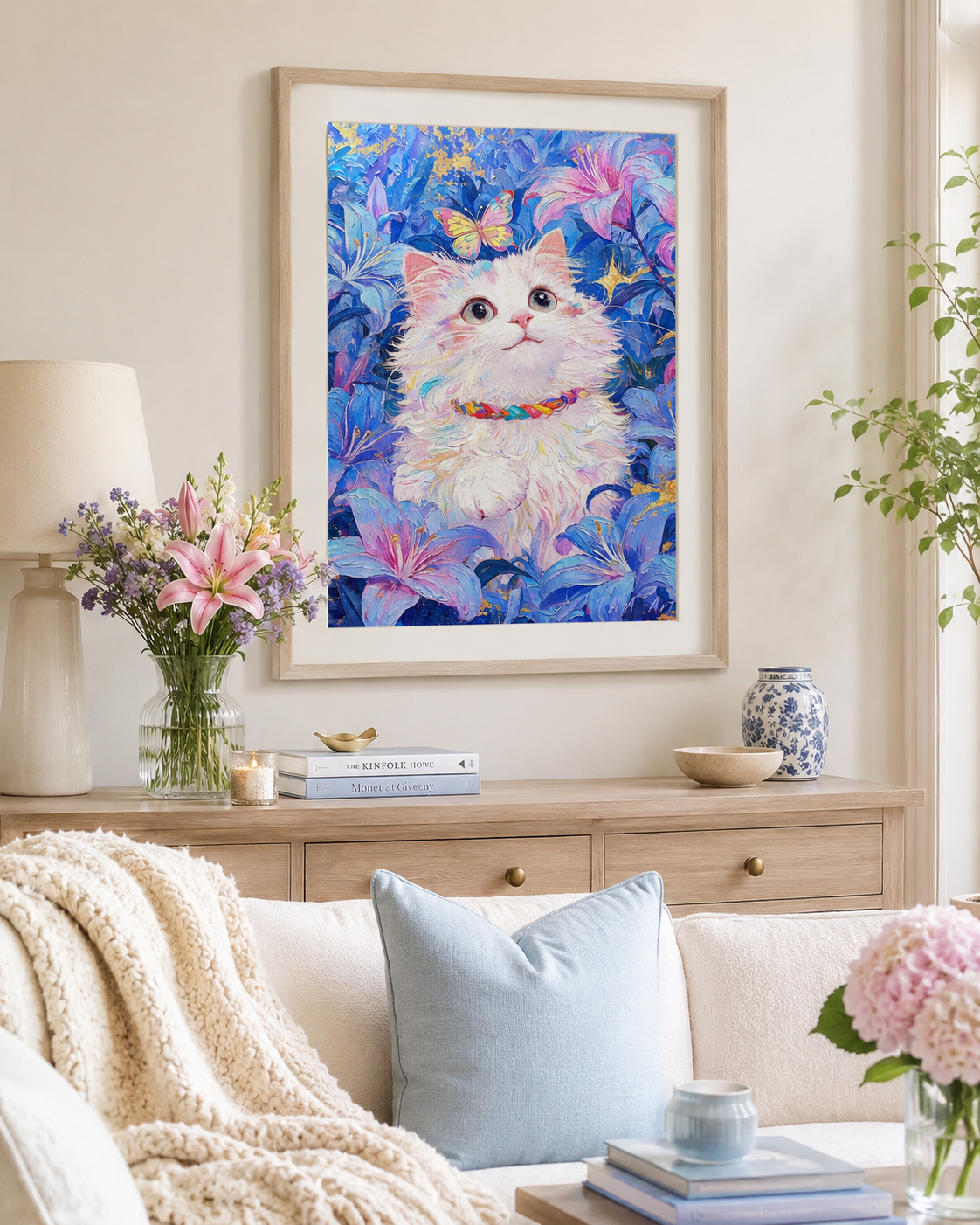 White Cat &amp; Blue Lilies Diamond Painting Kit-11.8" x 15.7"