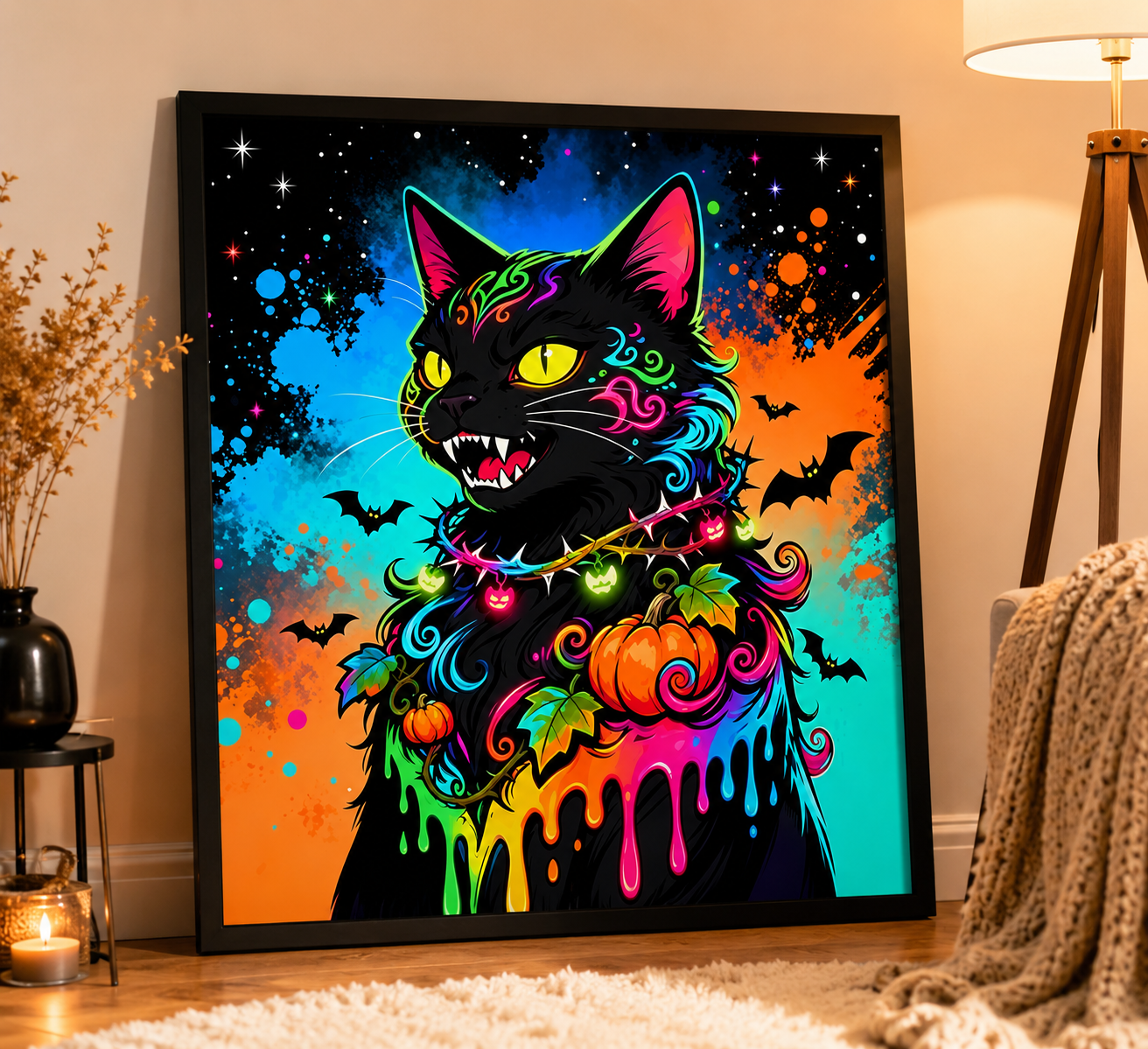 Neon Black Cat Halloween Diamond Painting Kit 🐈‍⬛-11.8" x 11.8"