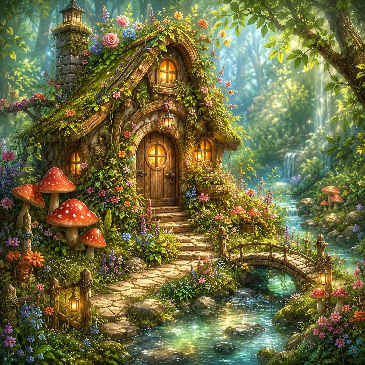 Enchanted Fairy Cottage by the Pond Diamond Painting Kit