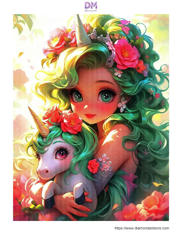 Cute Green Hair Unicorn Girl Floral 5D Diamond Painting Kit 🦄