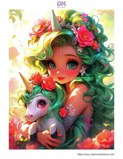 Cute Green Hair Unicorn Girl Floral 5D Diamond Painting Kit 🦄