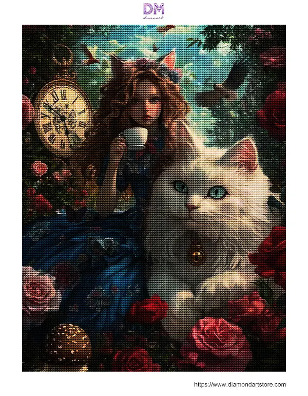 Whimsical Tea Garden Girl &amp; White Cat Wall Art 🐈