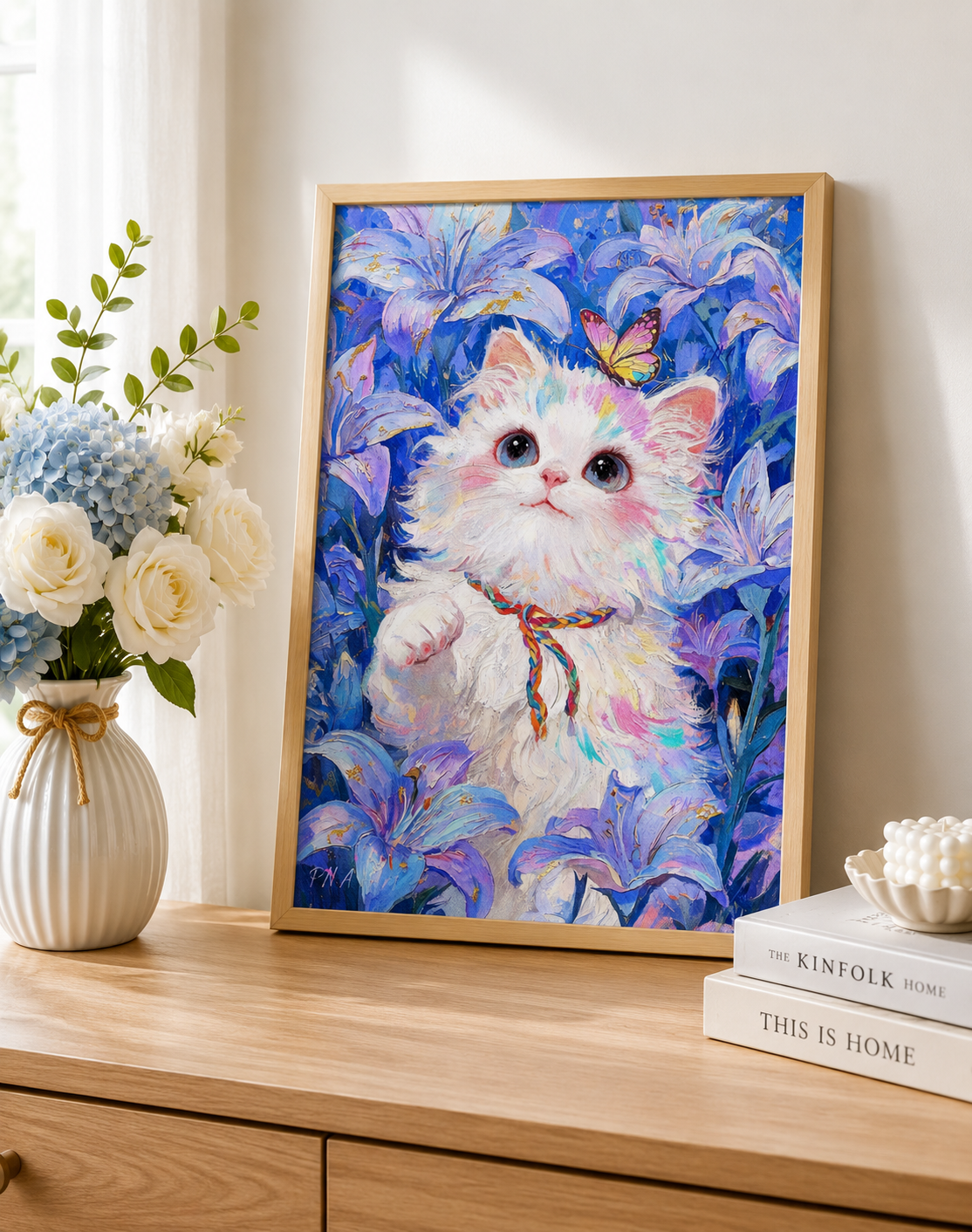 White Cat &amp; Blue Lilies Diamond Painting Kit-11.8" x 15.7"