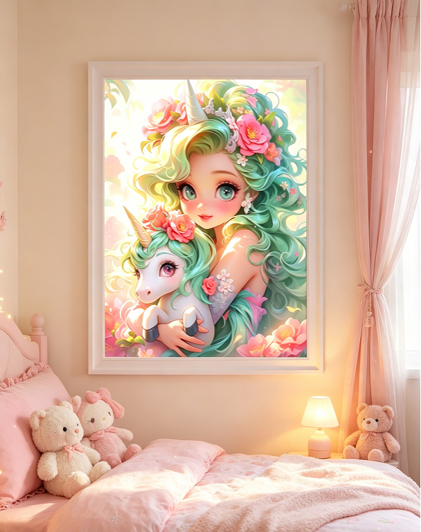 Cute Green Hair Unicorn Girl Floral 5D Diamond Painting Kit 🦄