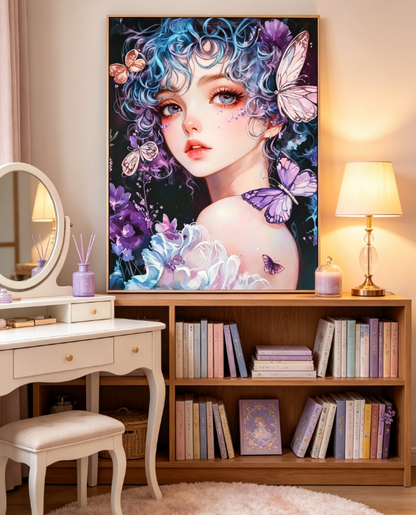 Purple Butterfly Blue Curly Hair Fairy Girl 5D Diamond Painting 🦋