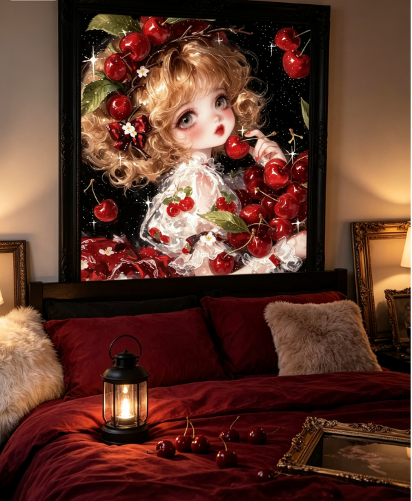 Cute Blonde Cherry Girl Starry Dark Background🍒