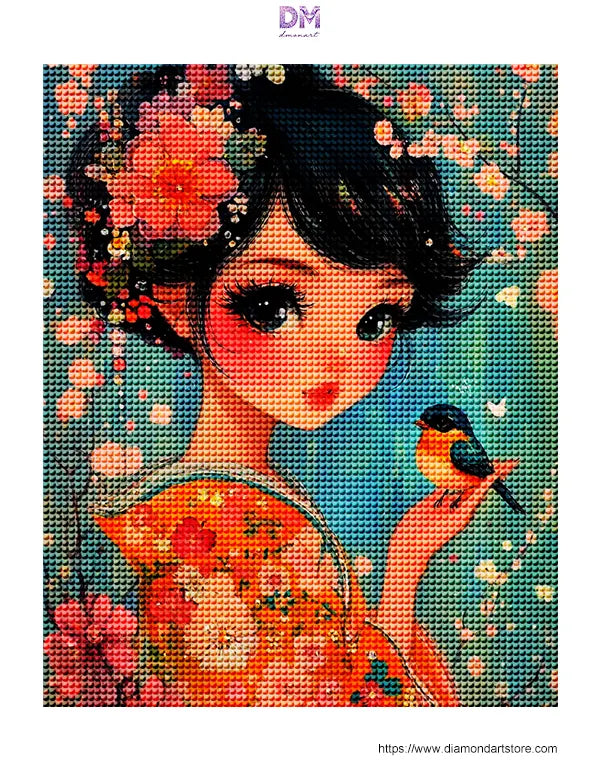 Japanese Blossom Girl &amp; Songbird Wall Art 🌸