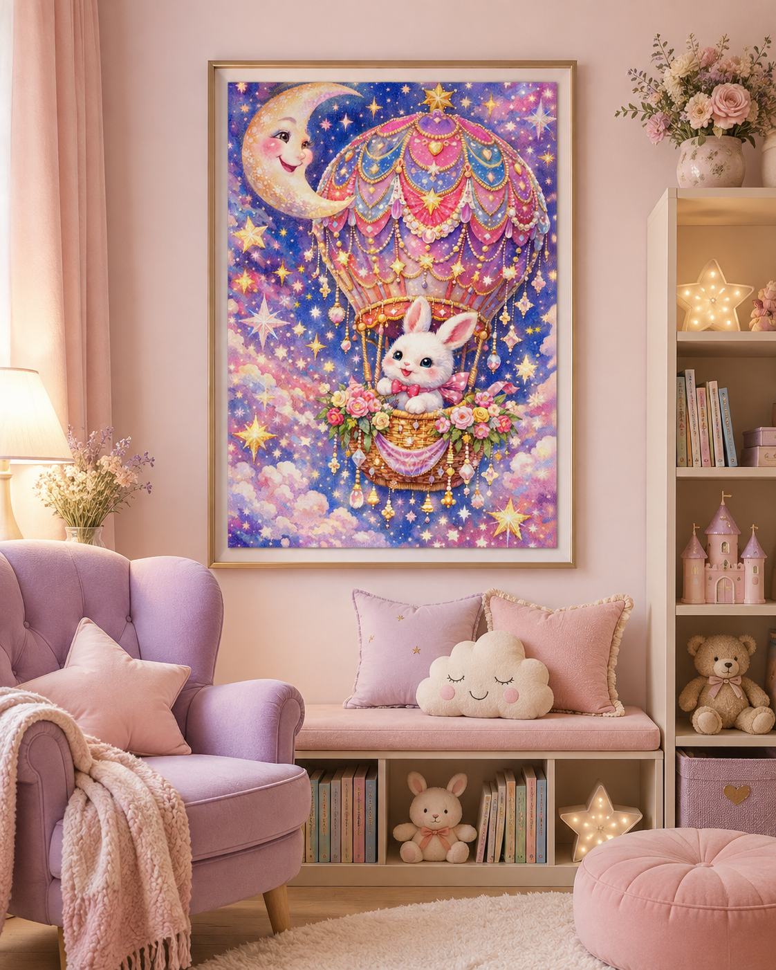 Moonlit Bunny Hot Air Balloon Diamond Painting Kit