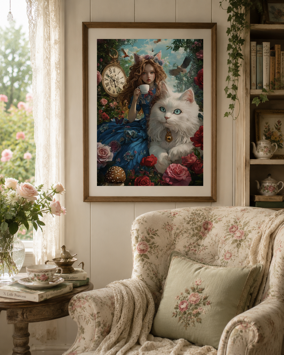 Whimsical Tea Garden Girl &amp; White Cat Wall Art 🐈
