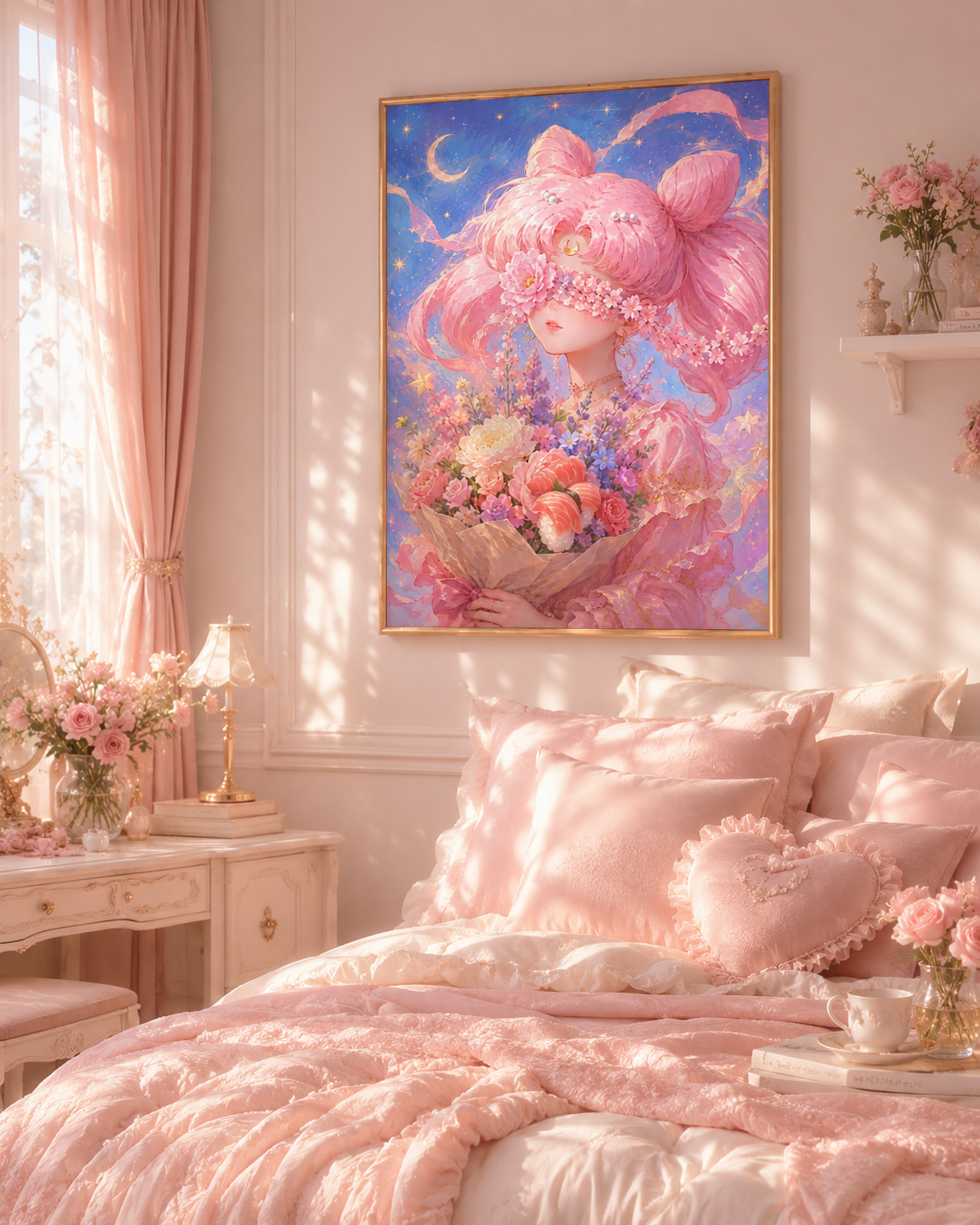 Celestial Pink Moon Princess Floral Wall Art 🌙