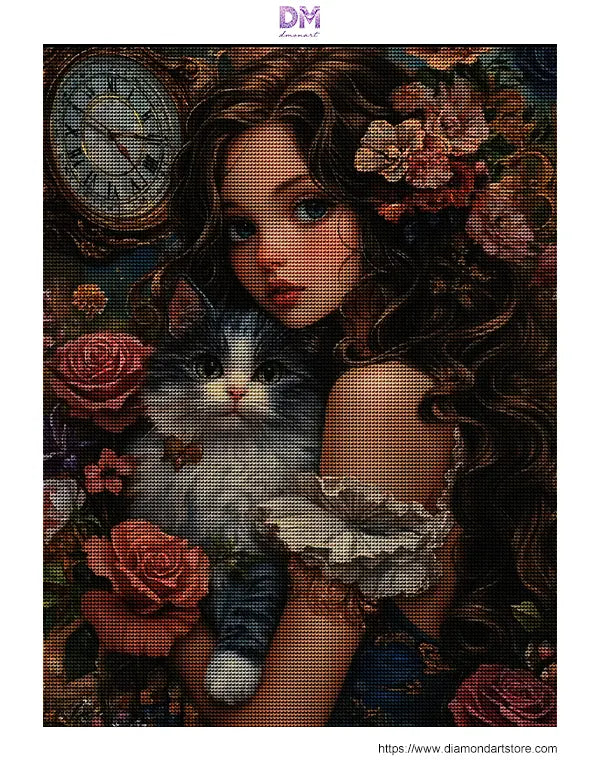 Vintage Clockwork Cat Lady Floral Wall Art 🐱