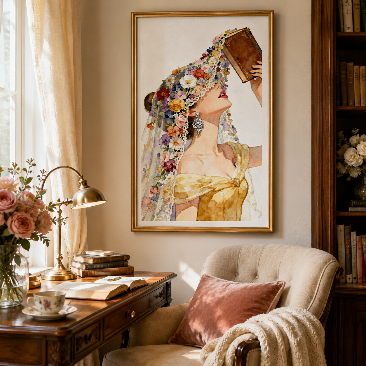 Floral Veil Woman Watercolor Wall Art RW13-11.8"x 15.7&