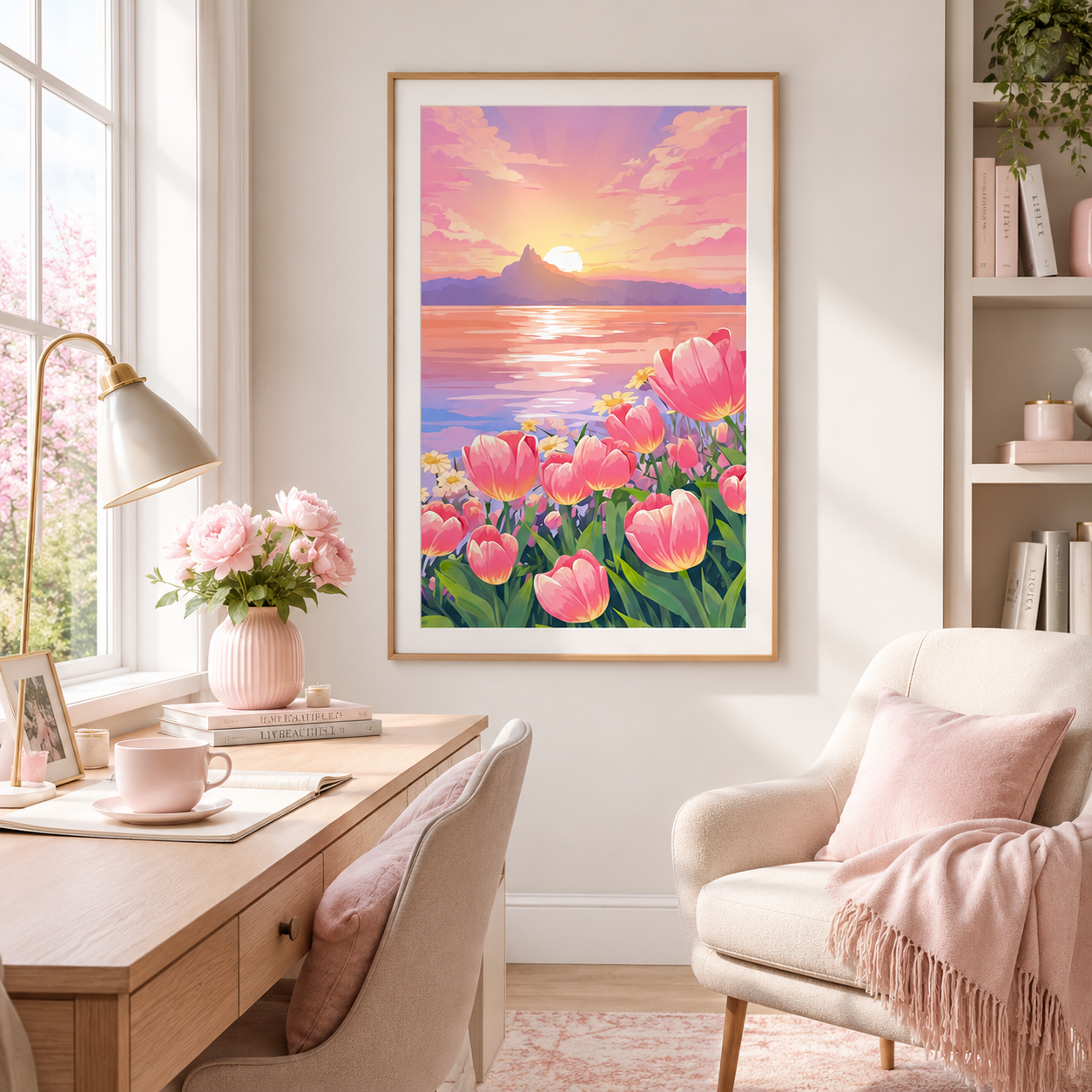 Pink Tulip Sunset Lake Wall Art FJ22-11.8"x 15.7&