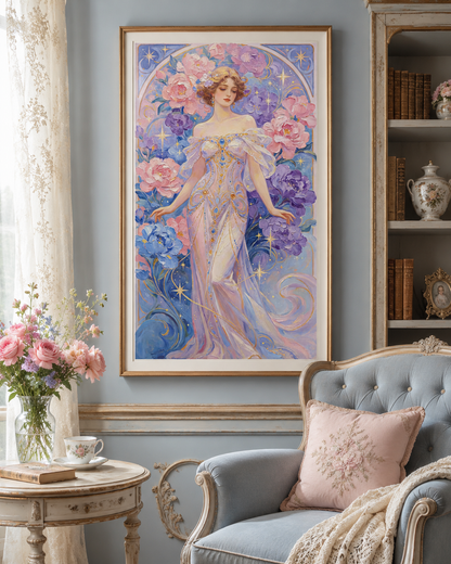 Celestial Peony Goddess Art Nouveau Wall Art 🌸