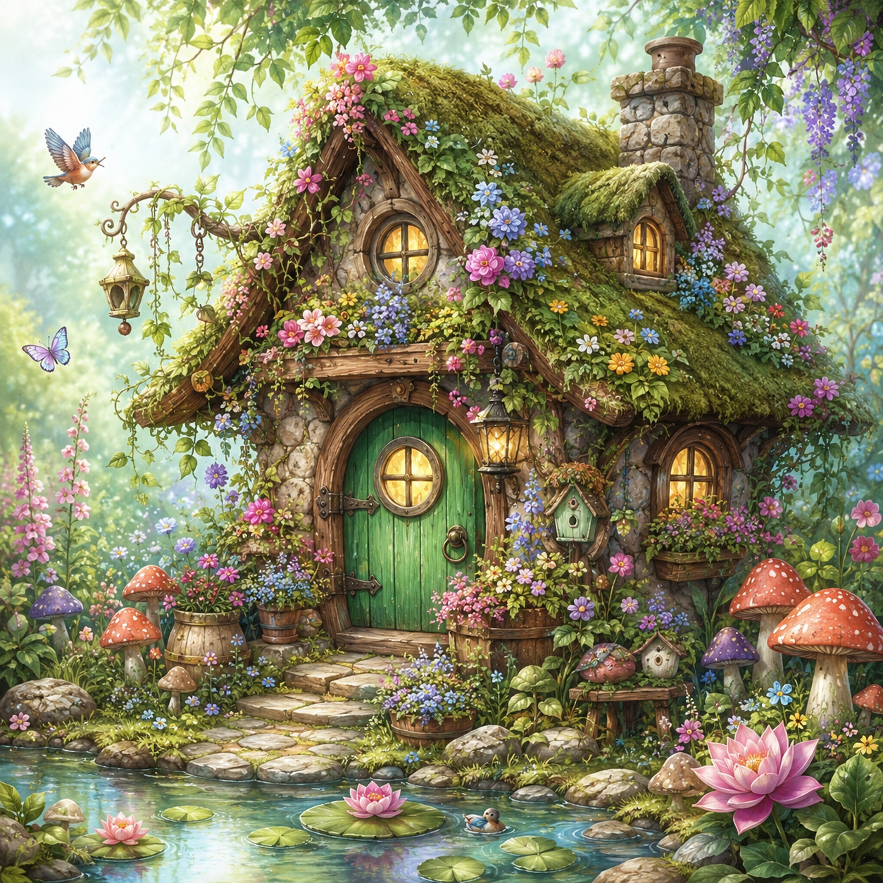 Enchanted Fairy Cottage by the Pond Diamond Painting Kit
