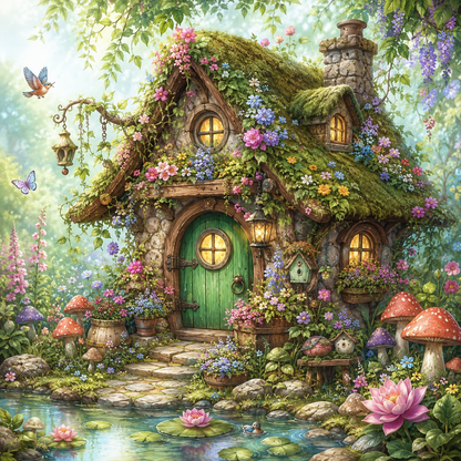 Enchanted Fairy Cottage by the Pond Diamond Painting Kit