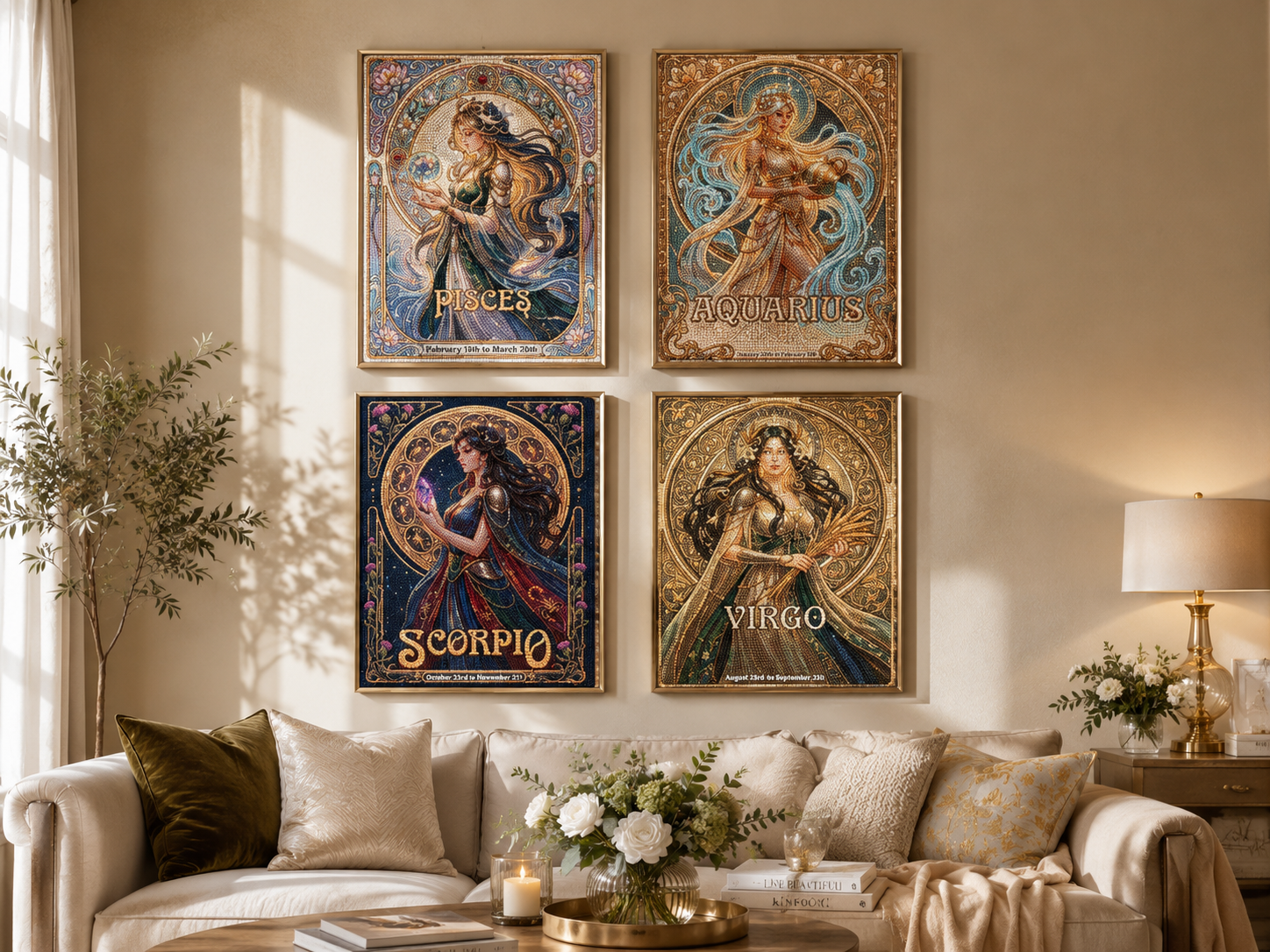 12 Zodiac Art Nouveau Diamond Painting Kits – Vintage Celestial Goddess DIY Wall Art