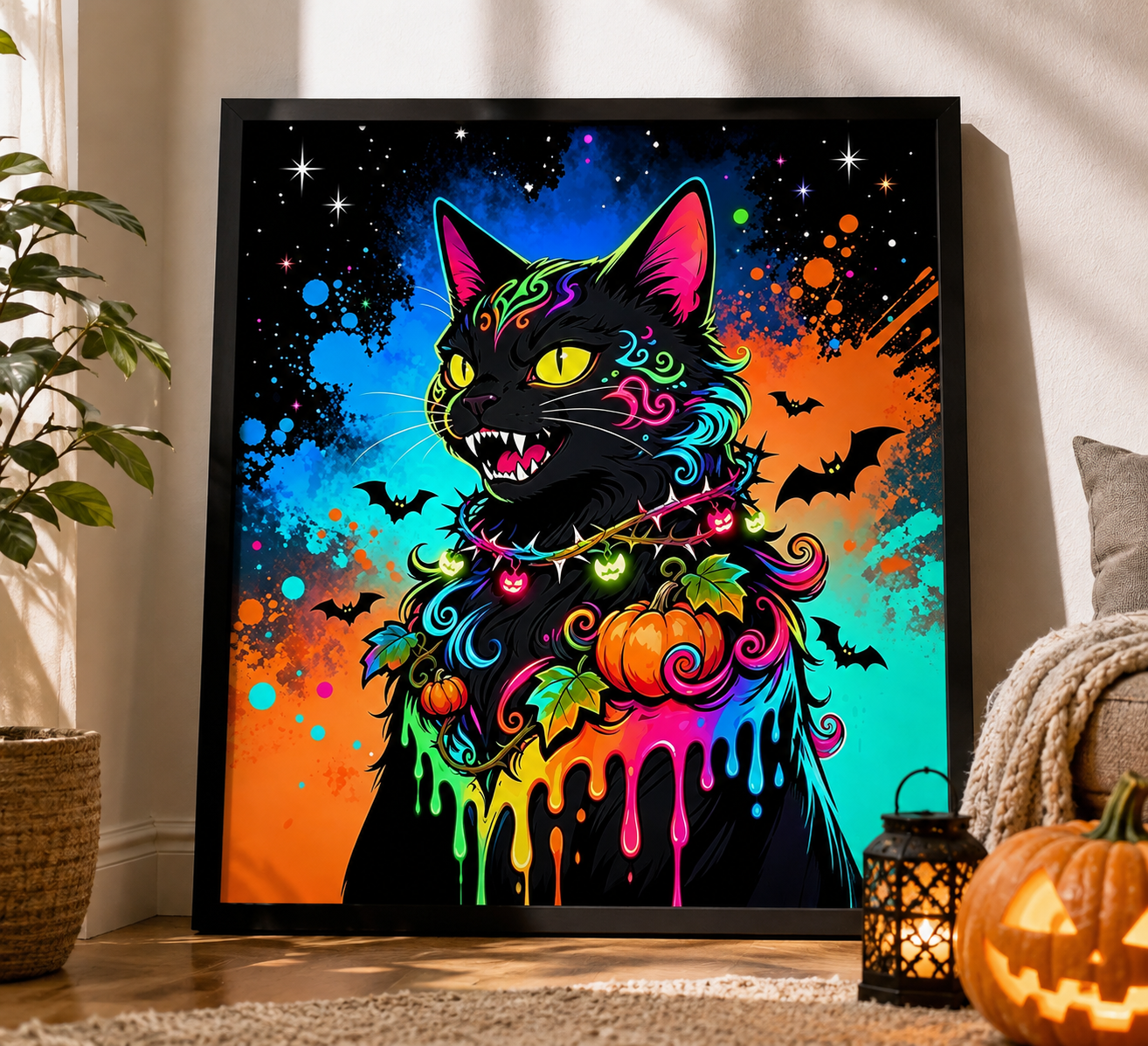 Neon Black Cat Halloween Diamond Painting Kit 🐈‍⬛-11.8" x 11.8"