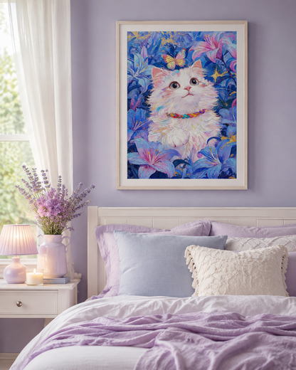 White Cat &amp; Blue Lilies Diamond Painting Kit-11.8" x 15.7"