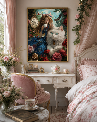 Whimsical Tea Garden Girl &amp; White Cat Wall Art 🐈
