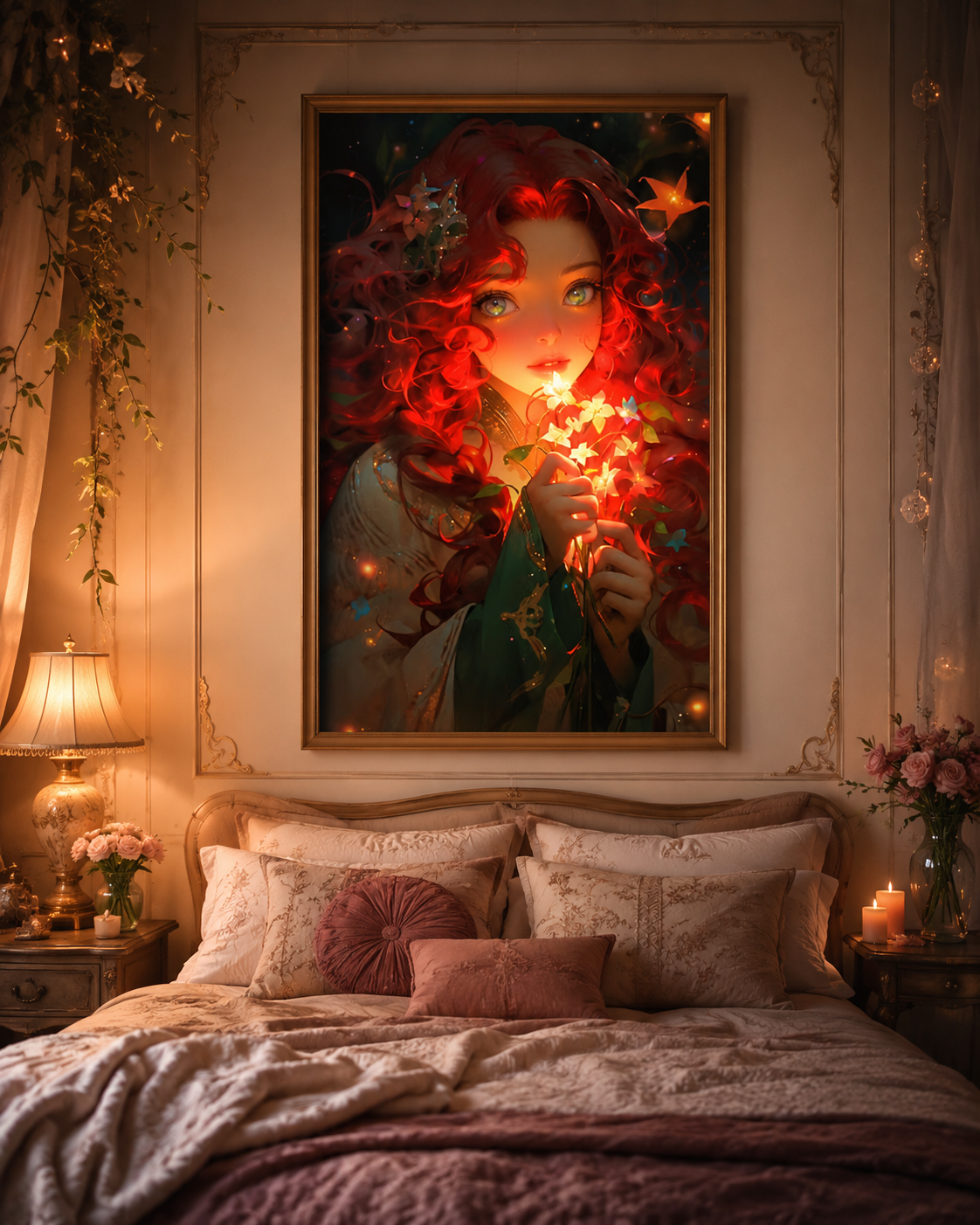 Enchanted Red-Haired Fairy with Glowing Flowers Wall Art 🔥