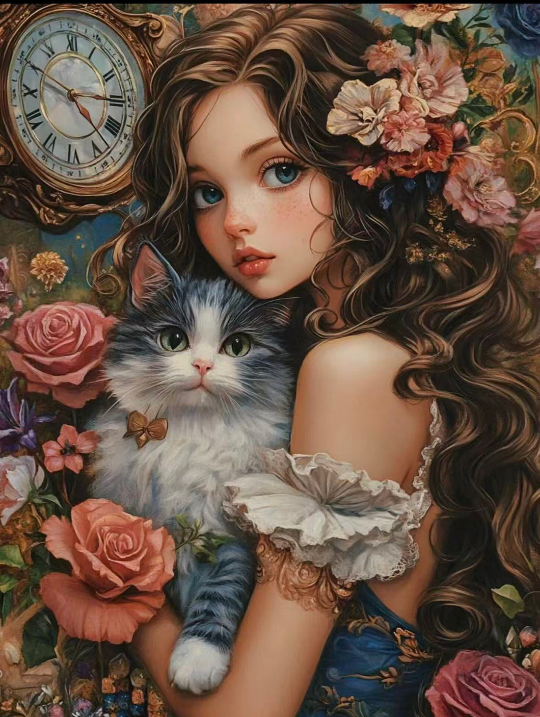 Vintage Clockwork Cat Lady Floral