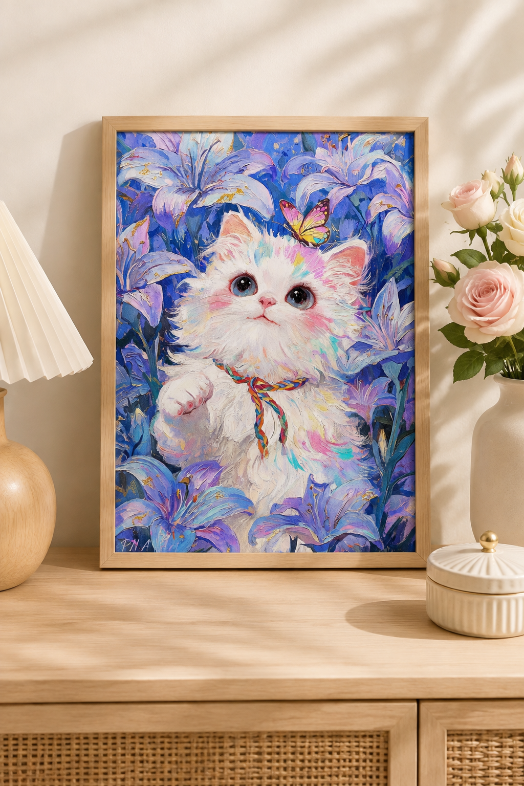 White Cat &amp; Blue Lilies Diamond Painting Kit-11.8" x 15.7"