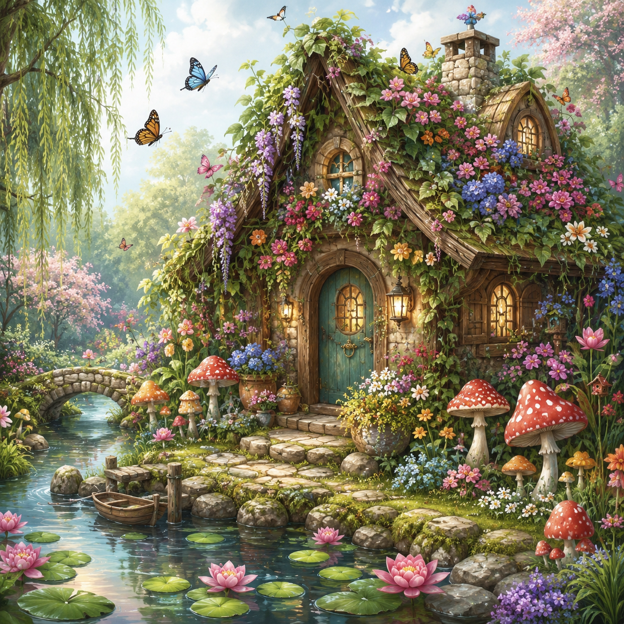 Enchanted Fairy Cottage by the Pond Diamond Painting Kit