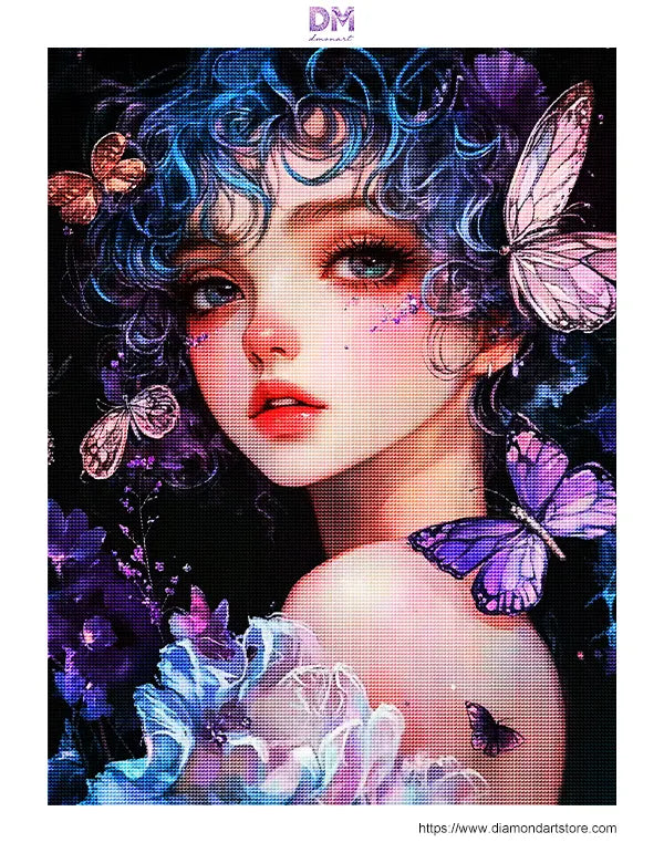 Purple Butterfly Blue Curly Hair Fairy Girl 5D Diamond Painting 🦋