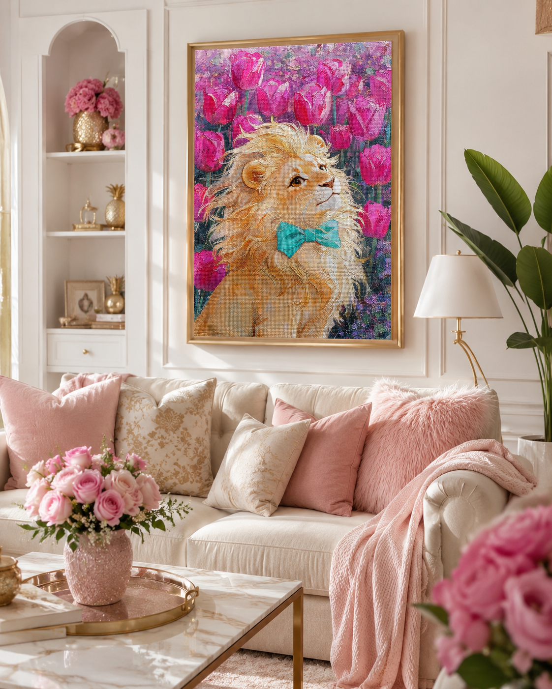 Majestic Lion &amp; Pink Tulips Diamond Painting Kit