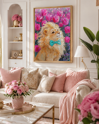 Majestic Lion &amp; Pink Tulips Diamond Painting Kit