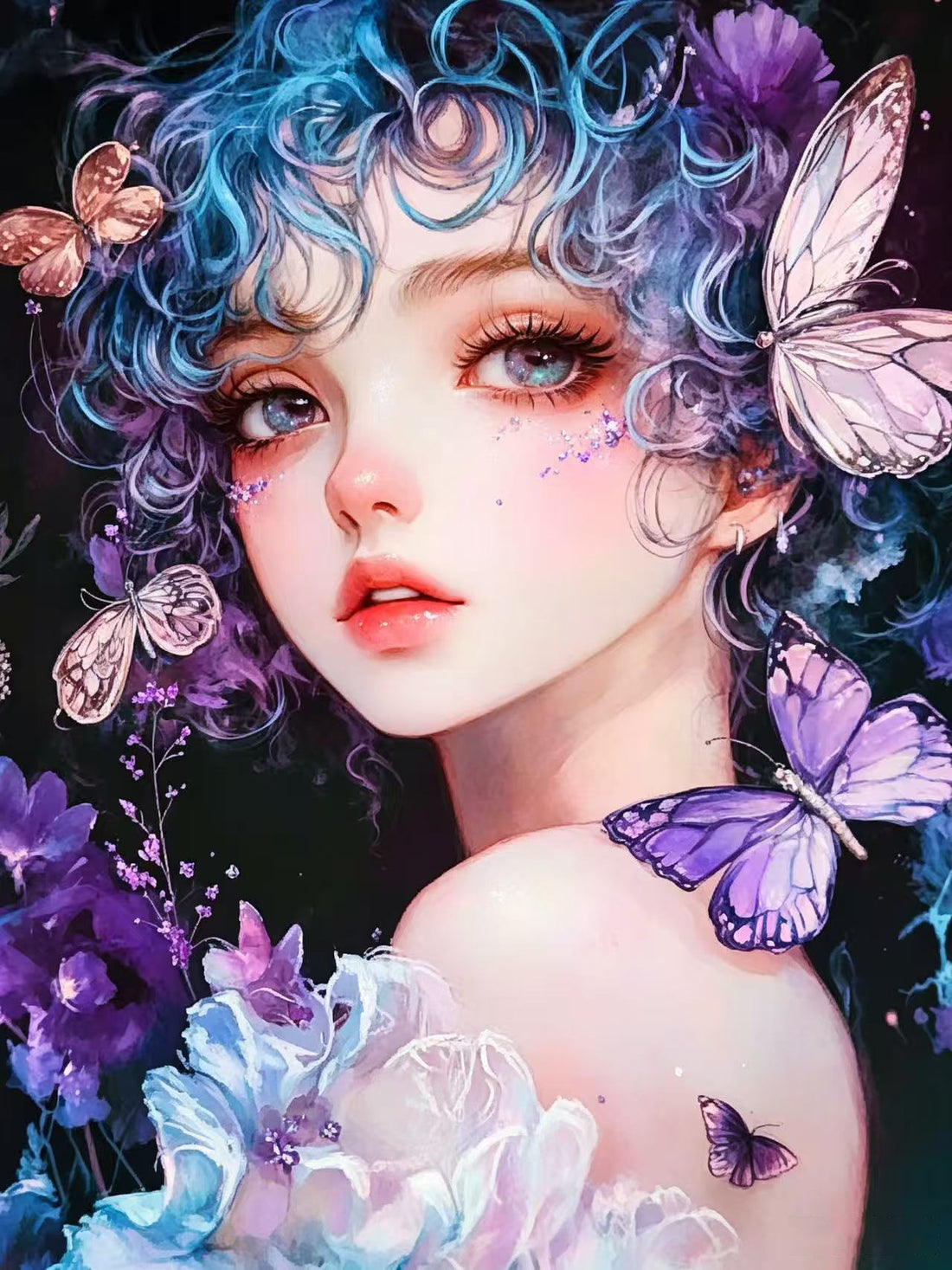 Purple Butterfly Blue Curly Hair Fairy Girl