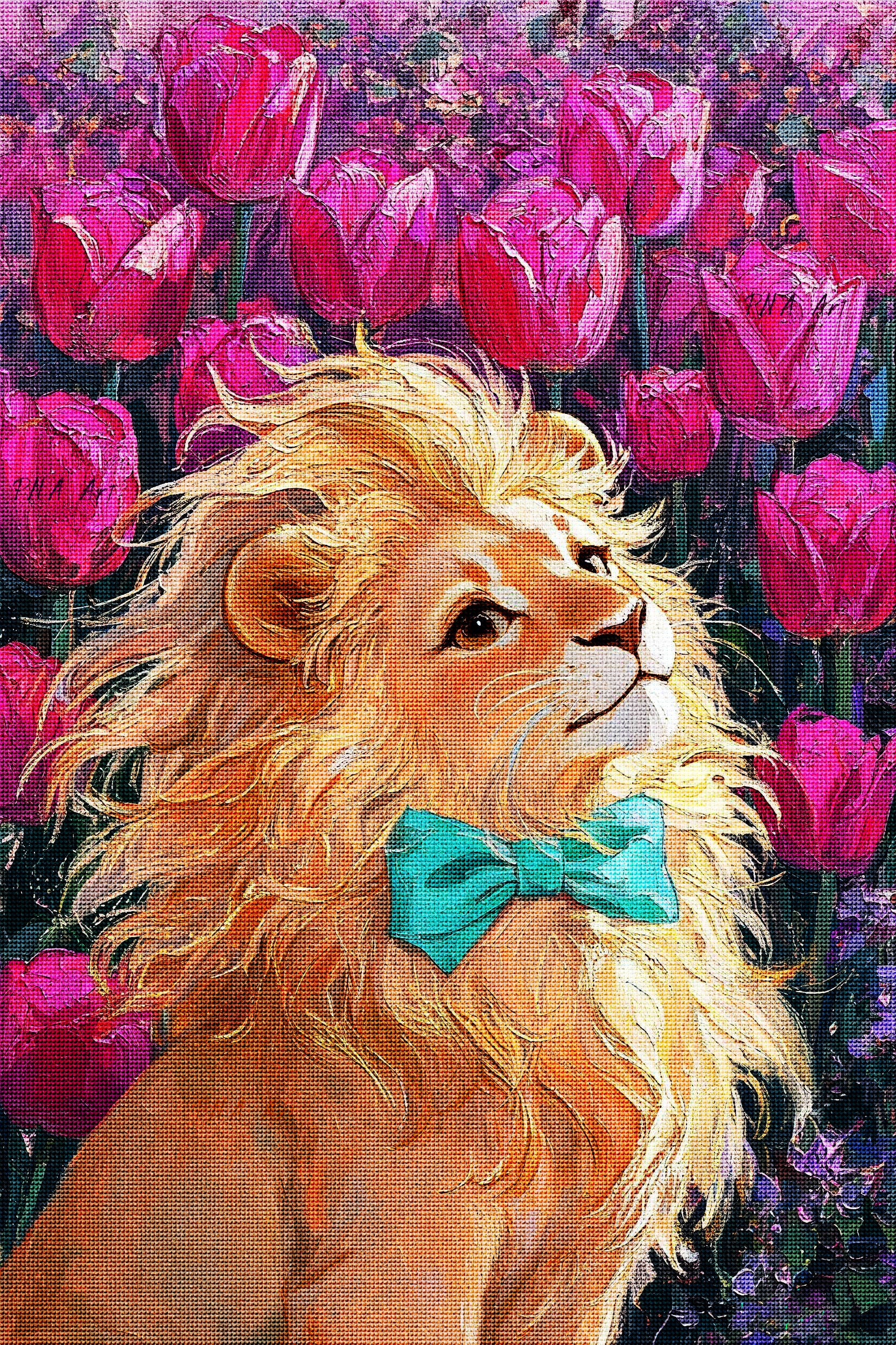Majestic Lion &amp; Pink Tulips Diamond Painting Kit