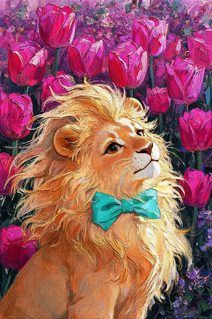 Majestic Lion &amp; Pink Tulips Diamond Painting Kit