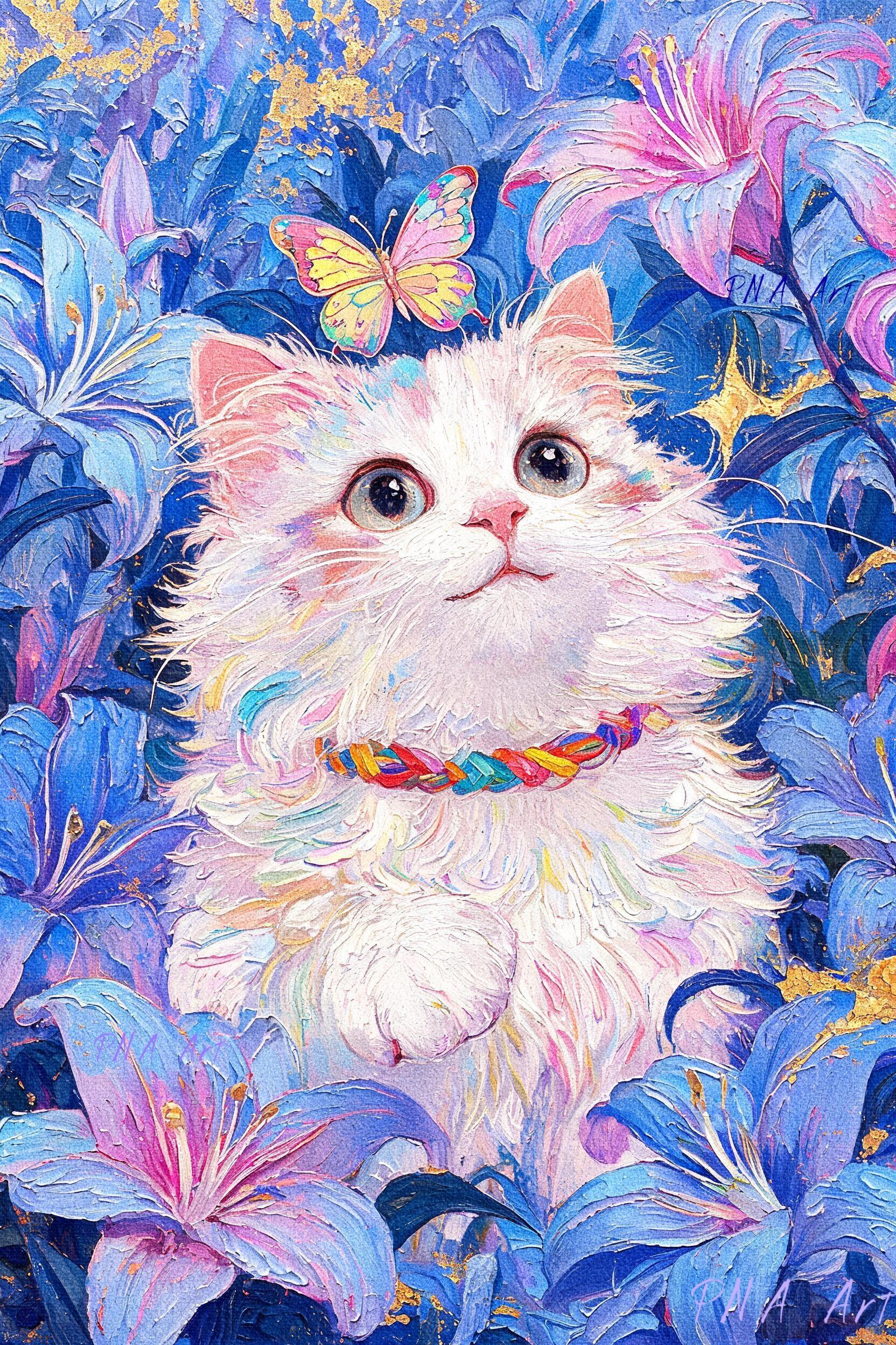 White Cat &amp; Blue Lilies