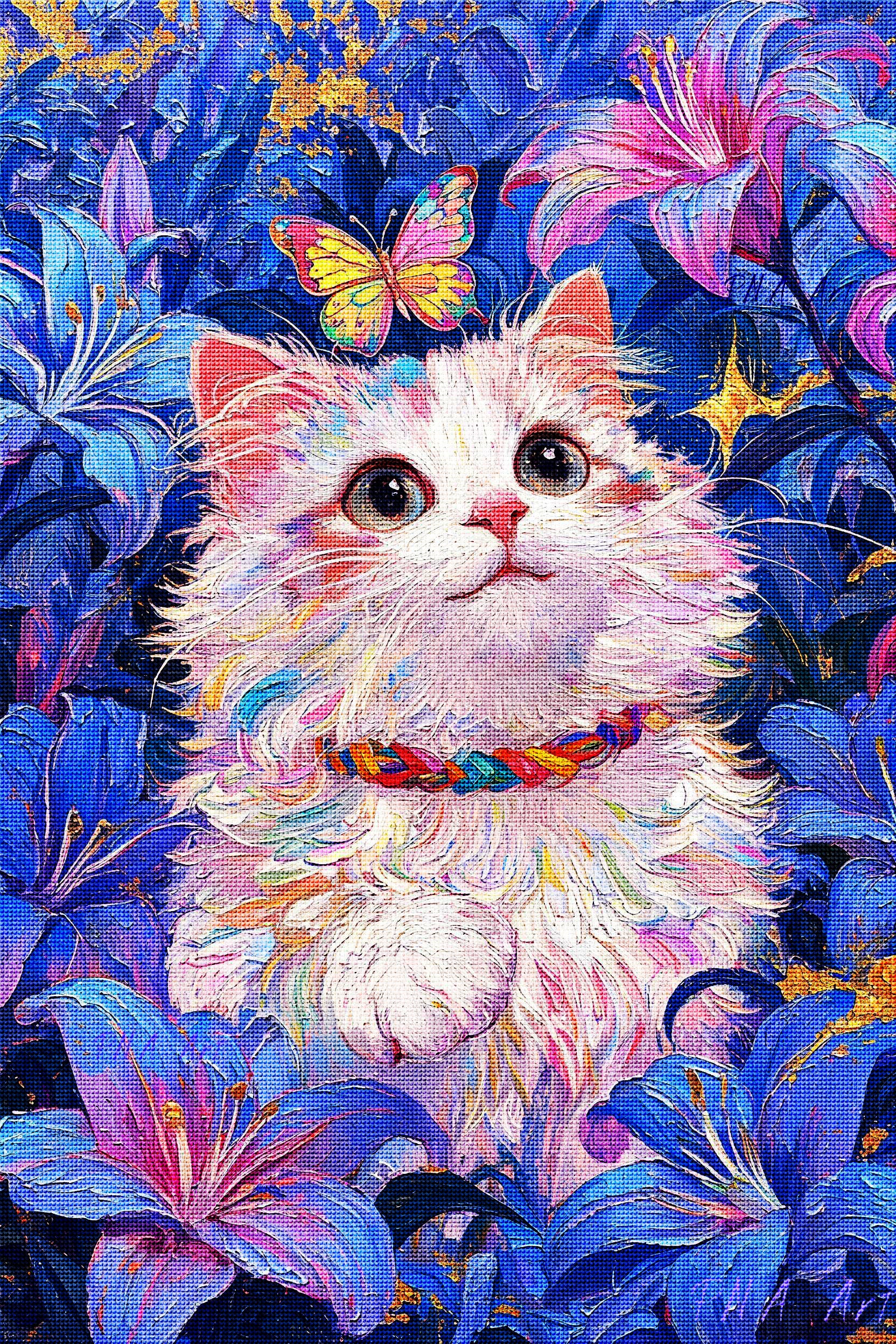 White Cat &amp; Blue Lilies Diamond Painting Kit-11.8" x 15.7"