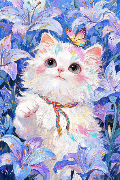 White Cat &amp; Blue Lilies